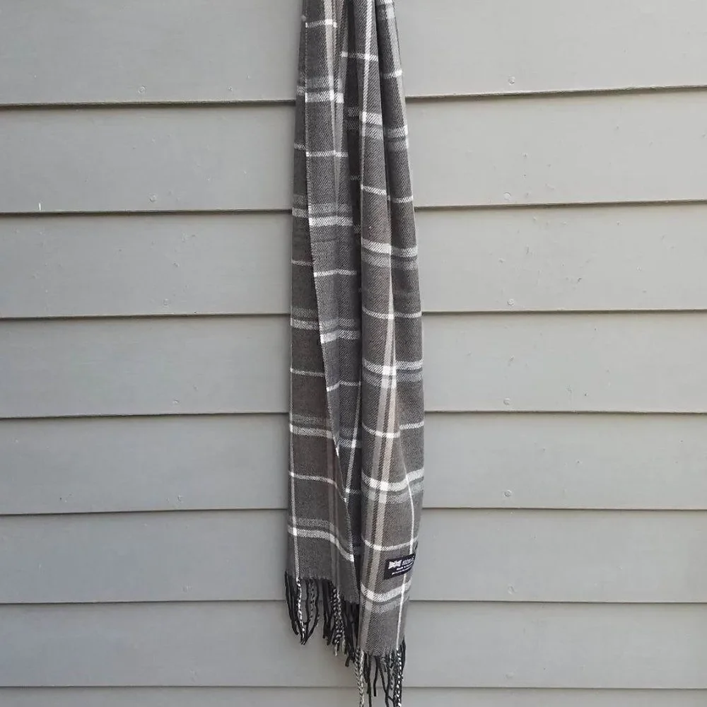 100% Scottish Cashmere Gray White Beige Plaid 12